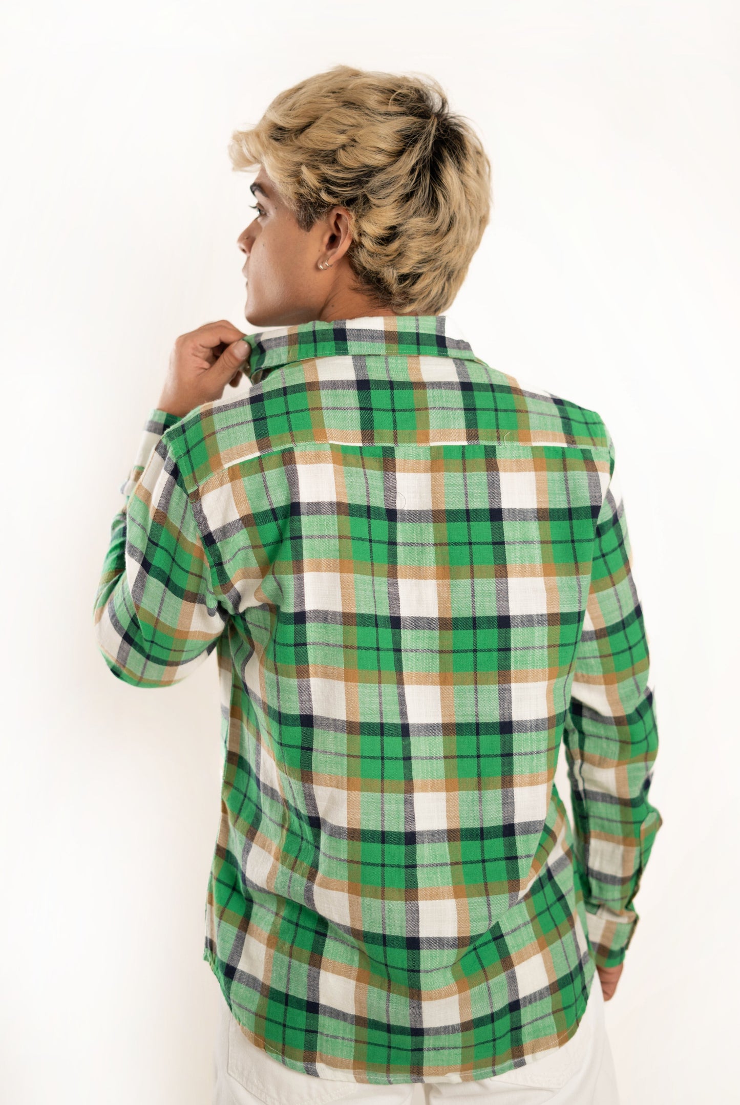 Men's Regular Fit Plaid Checked Full Sleeves Green Front Pocket Shirt