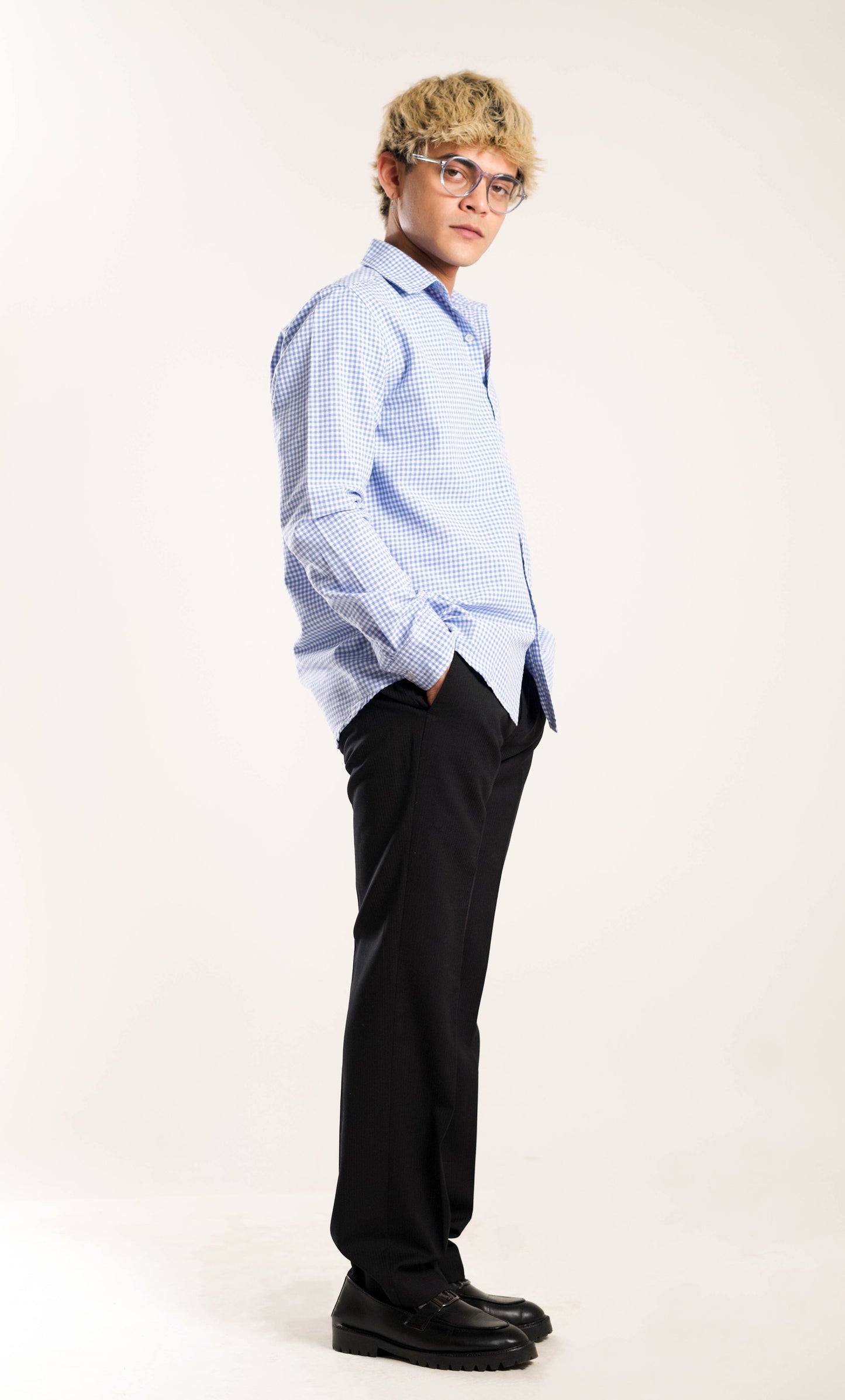 Men's Regular Fit Gingham Checked Full Sleeves Light Blue Front Pocket Shirt